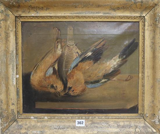 19th Century English School Still life of a brace of jays with a flask 32 x 41cm